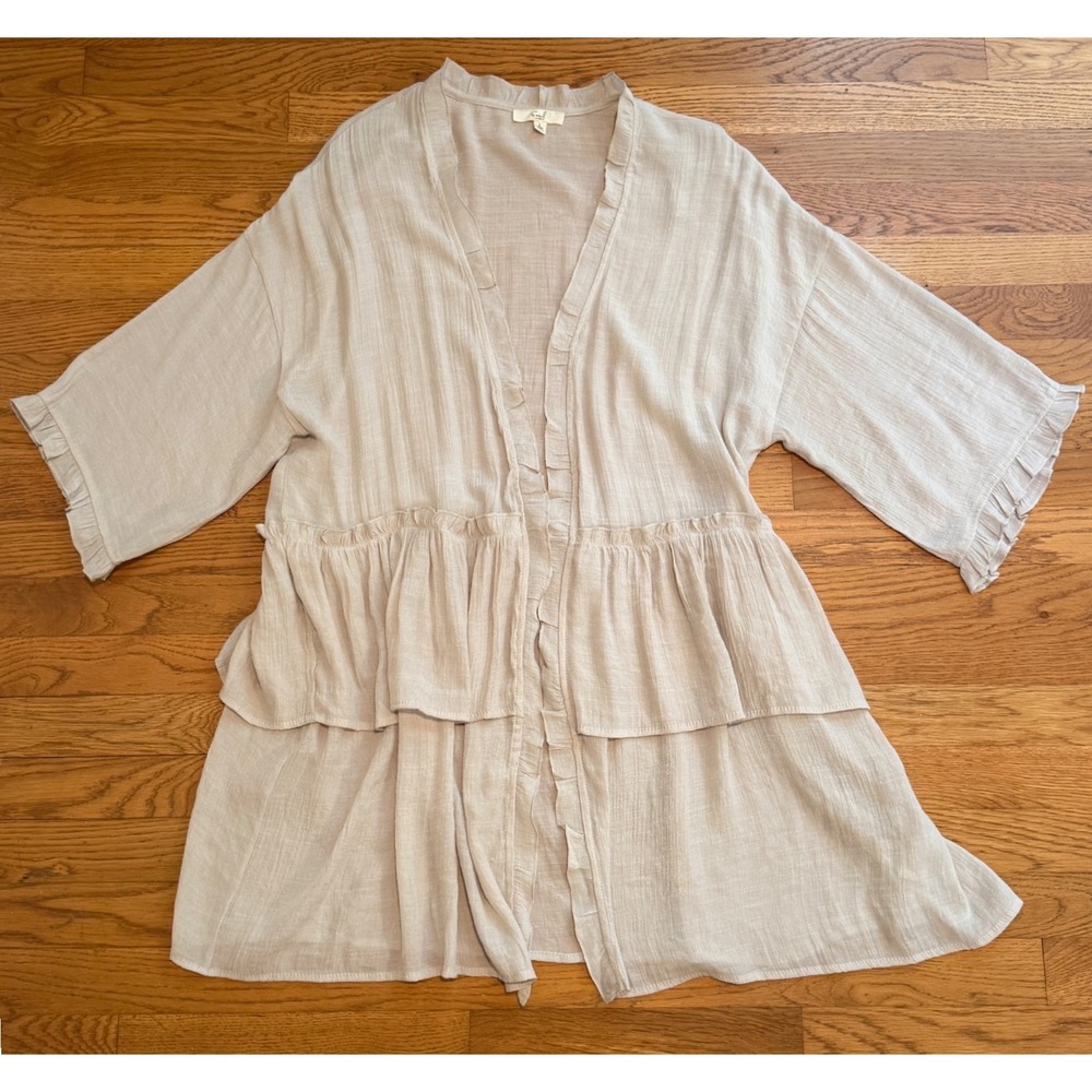 Easel Los Angeles Tan Beige Ruffle Tiered Tencel Cardigan Open Front ET3297 L